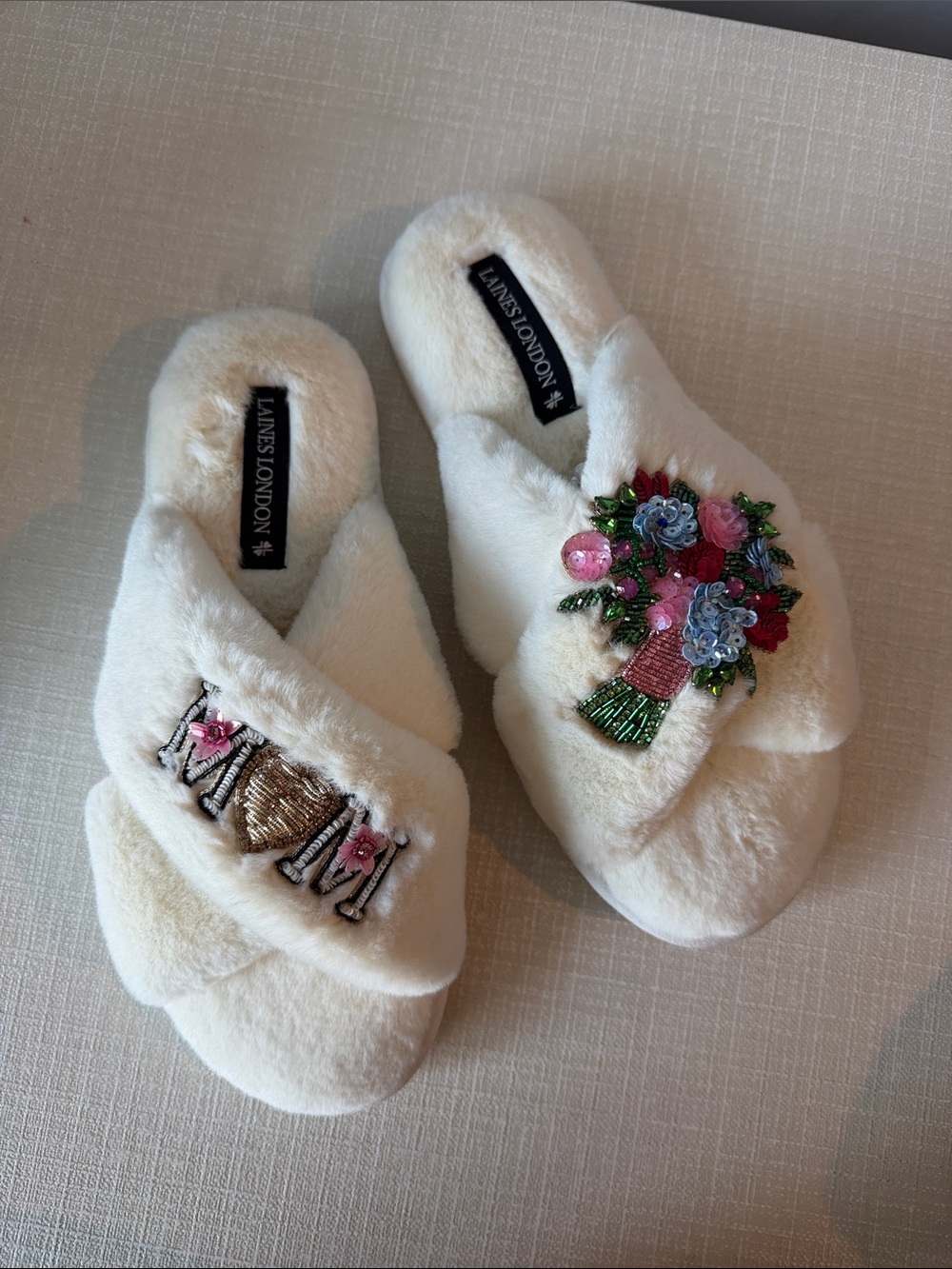 Cream Floral Embroidered Plush Slippers